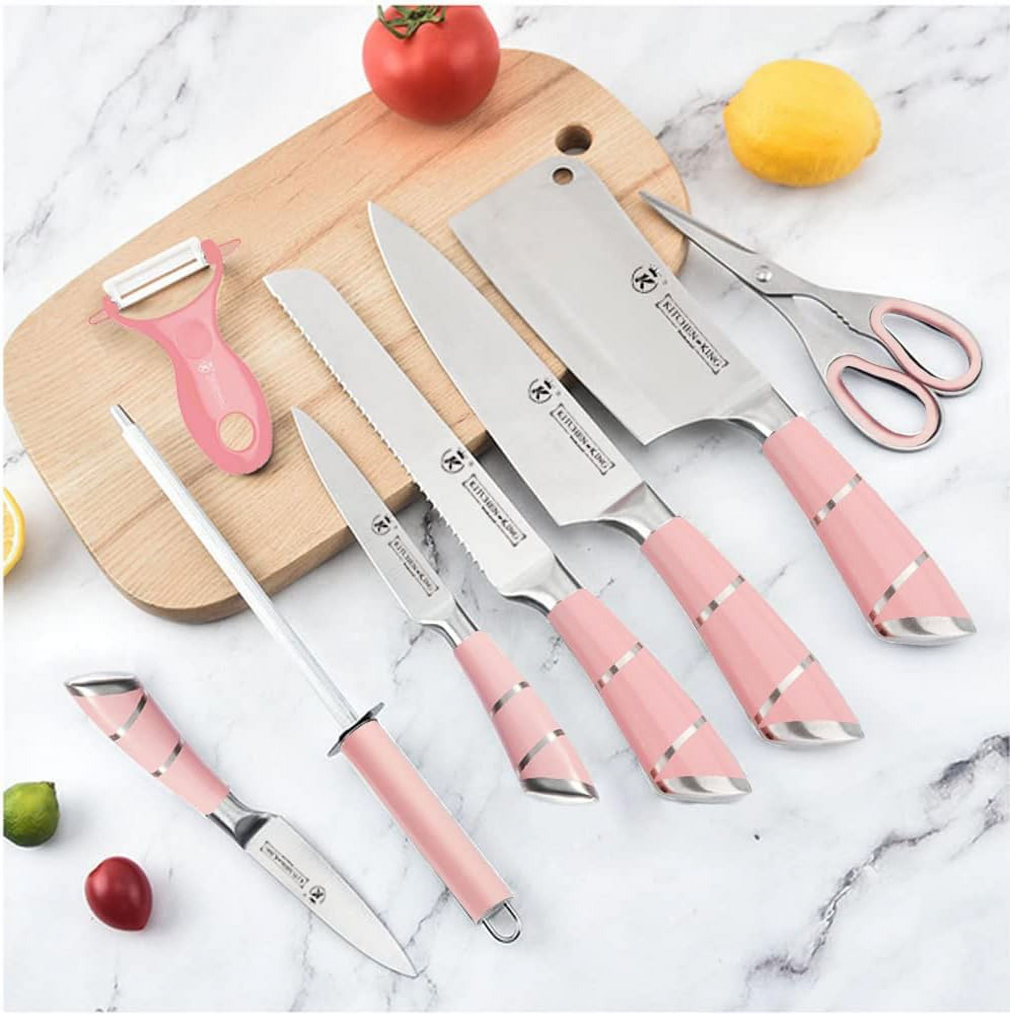 Kitchen Knife Set, 9-Pieces Pink Sharp Non-Stick Coated Chef Knives Block Set, Stainless Steel Knife Set for Kitchen with Sharpener for Cutting Slicing Dicing Chopping