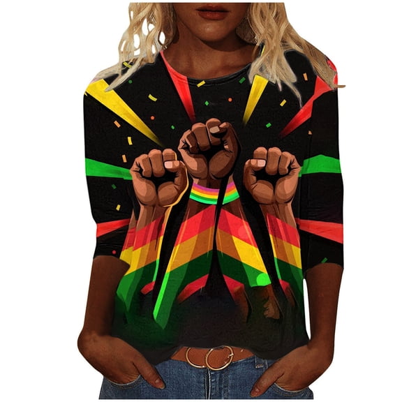 YanHoo Black History Shirts for Women 3/4 Sleeve Crewneck Graphic Tee Shirts Plus Size Summer Tops