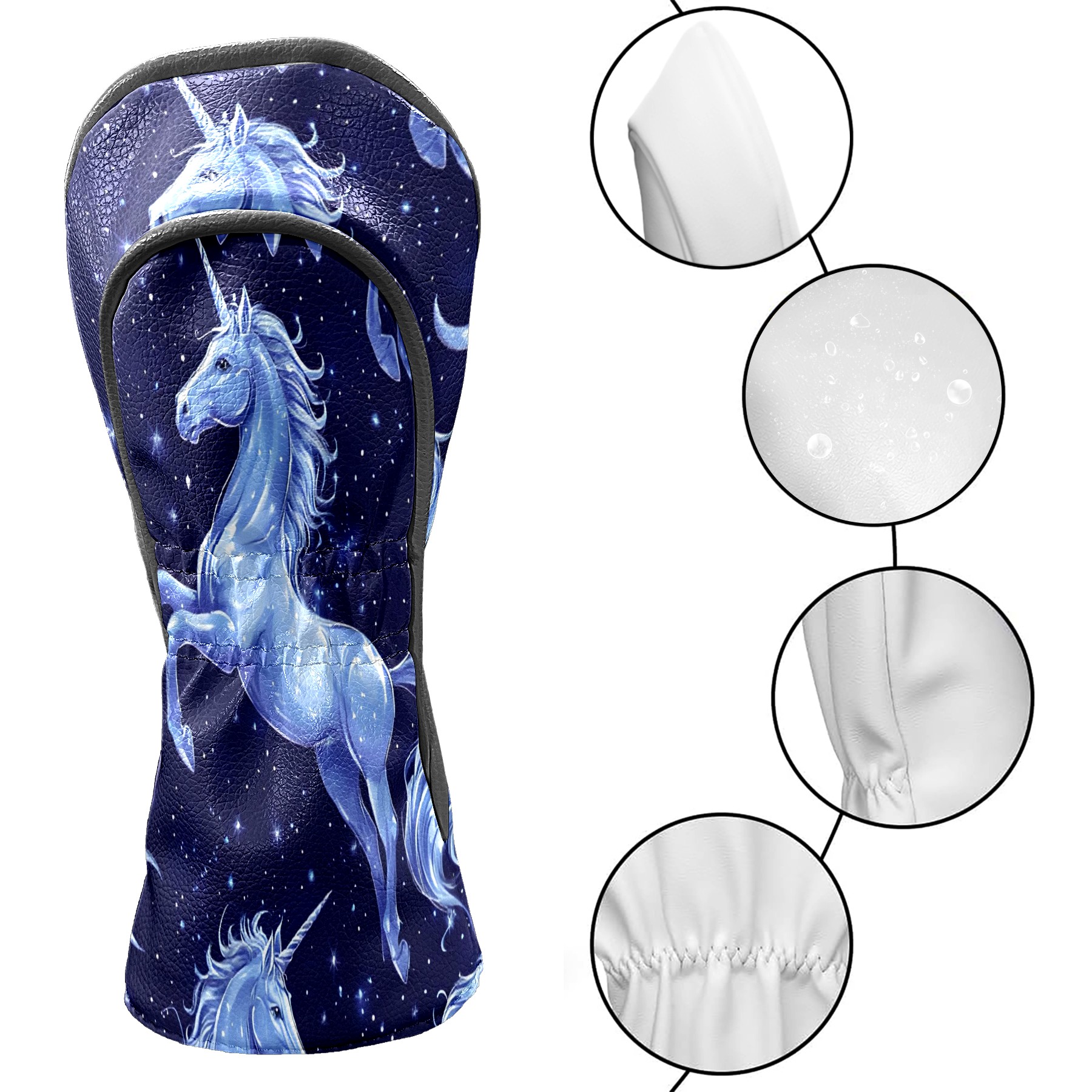 Golf Club Covers, Blue UnicornStar Premium PU Leather Driver Hybrid Putter Head Covers with Velvet Lining, Waterproof Golf Gifts for Men Women