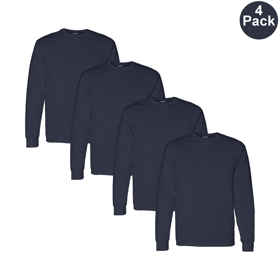 Gildan Men Long Sleeve Heavy Cotton T-Shirt, Comfortable Crew Neck Navy Color Bulk Tee, S, 4 Pack