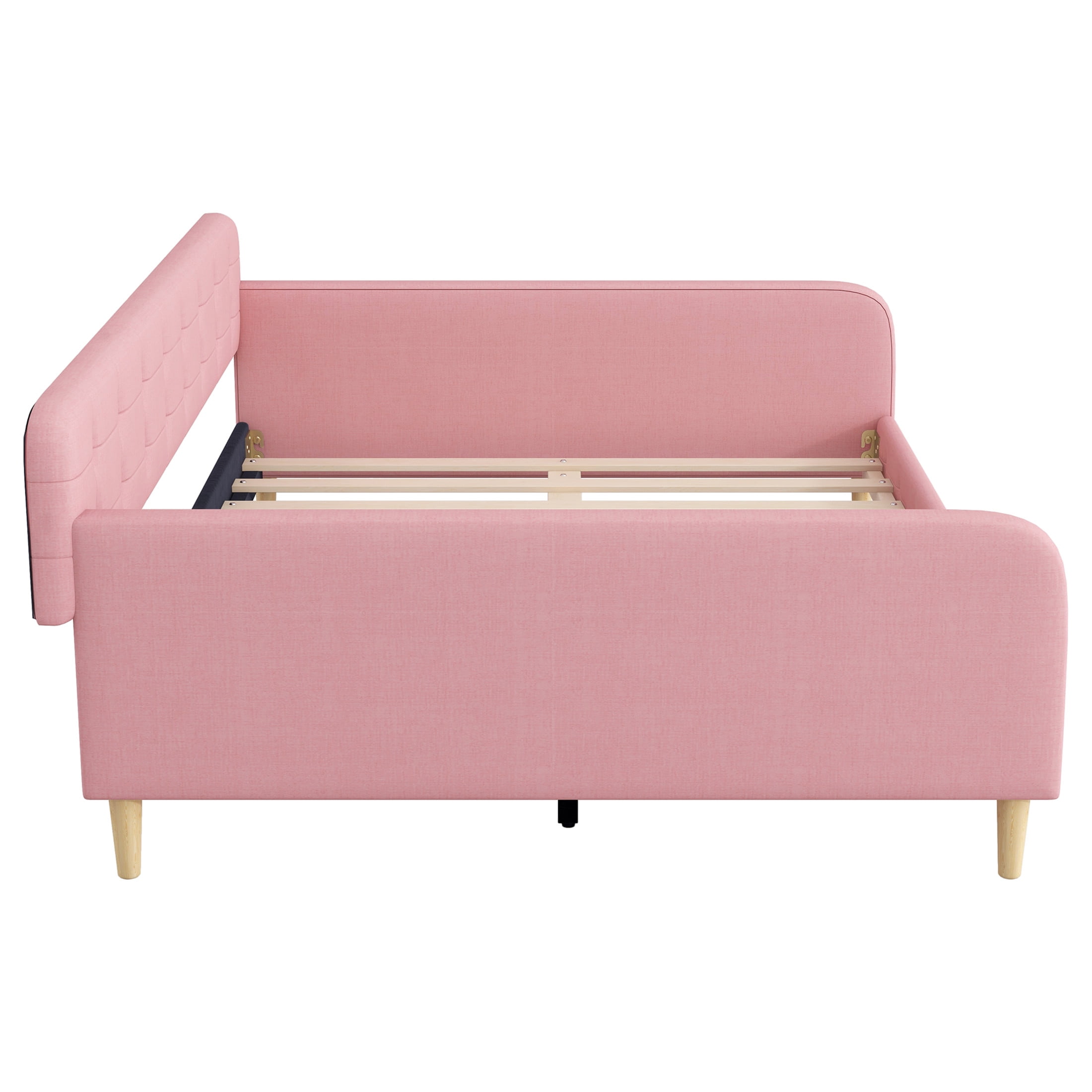 Noble House Havina Queen Upholstered Daybed, Button Tufted Linen Sofa Guest Bed with Slat Support Frame, Pink