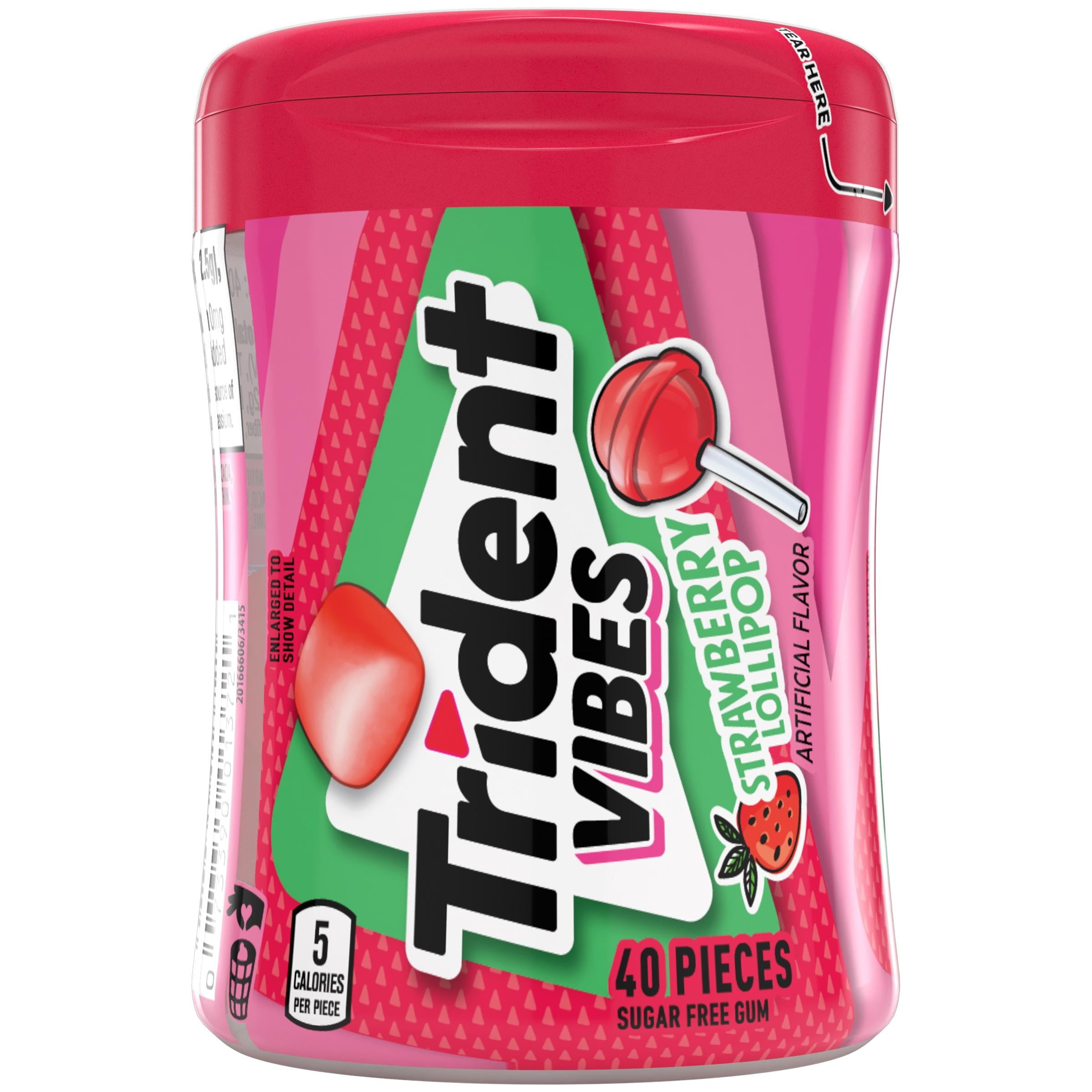 Trident Vibes Sugar Free Gum, Strawberry Lollipop, Nut Free, Regular Size, 40 Piece Bottle