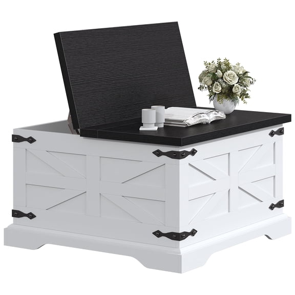 VVFLU Farmhouse Square Coffee Table with Storage for Living Room, Hinged Lift Top Soft Close, White