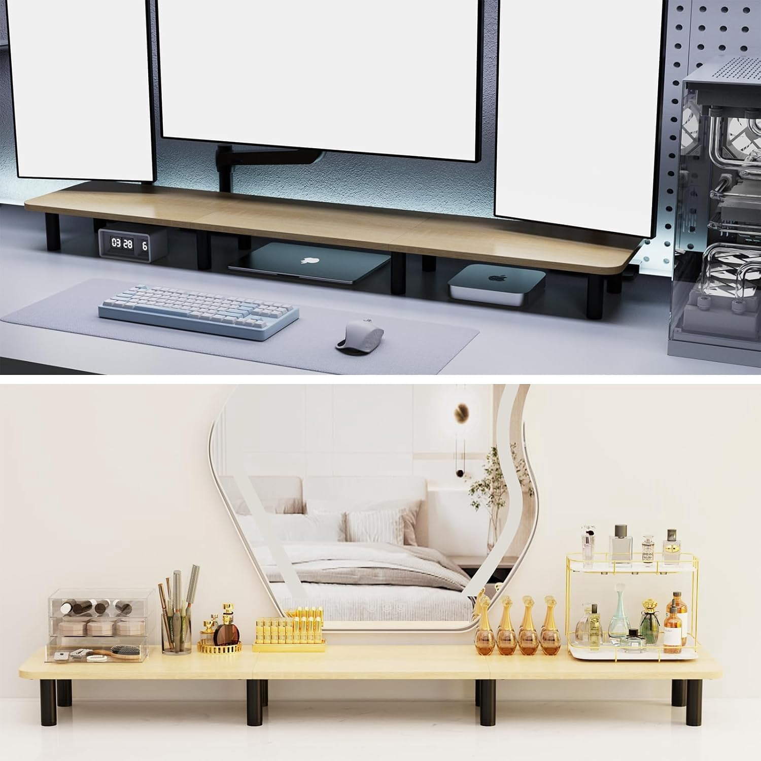 Extra Long Dual Monitor Stand - 43.7 Inch Wide Wood and Steel Desktop Riser for Home Office Desk Organization
