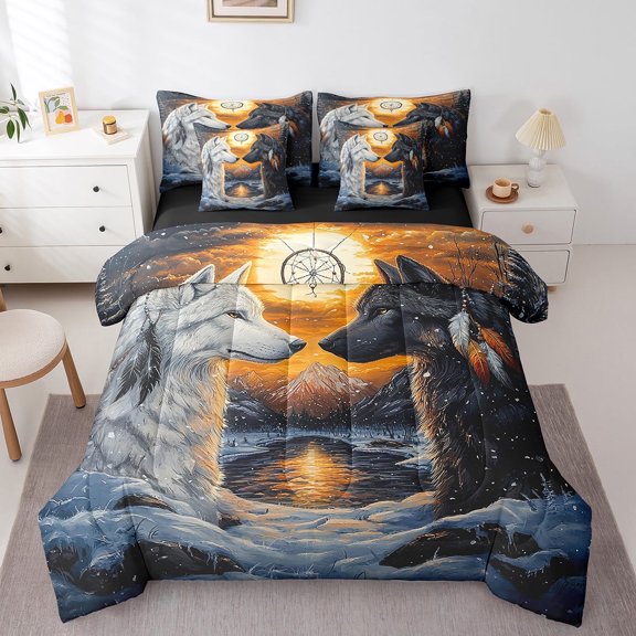 Wolf Twin Bedding Set 7 Pieces,Black White Wolves Tribal Feather Dreamcatcher Comforter Set with Sheets,Jungle Wild Animal Snowy Lake Mount Sunset View Bed Set in a Bag with Pillow Covers