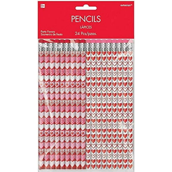 Amscan Heart Print Pencils 2 dozen for Valentines Day 2 designs with erasers Stationery Printed 24 p