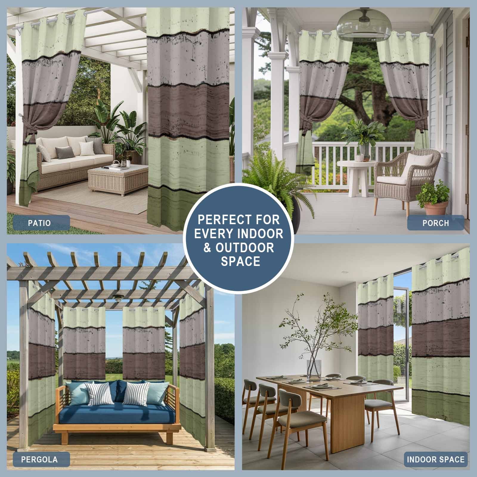 Outdoor Curtains for Patio Waterproof, Sage Green Grey Windproof Pravicy Outside Porch Blackout Curtain, Vintage Stripe Farmhouse Wood Grain Sun Blocking Grommets Curtains for Cabana 2 Panels 54"x84"