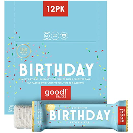 good! Snacks Vegan Protein Bars, Birthday Cake Bar, Gluten-Free, Plant-Based, Low Sugar, High Protein 15g Meal Replacement Bar, Kosher, Soy Free, Non Dairy, Non GMO, Vegetarian (12 Bars)