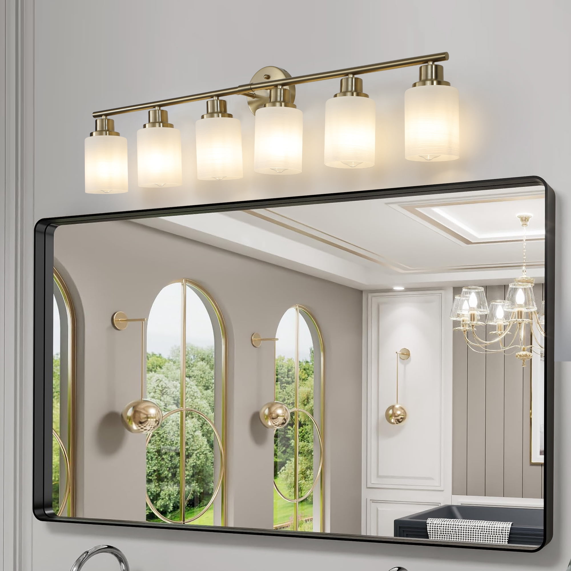 YANSUN 39 in Gold Modern 6-Light Vanity Wall Sconce with Frosted Glass Shades, Bathroom Light Fixture for Mirror, Dressing Room (Bulbs Not Included)