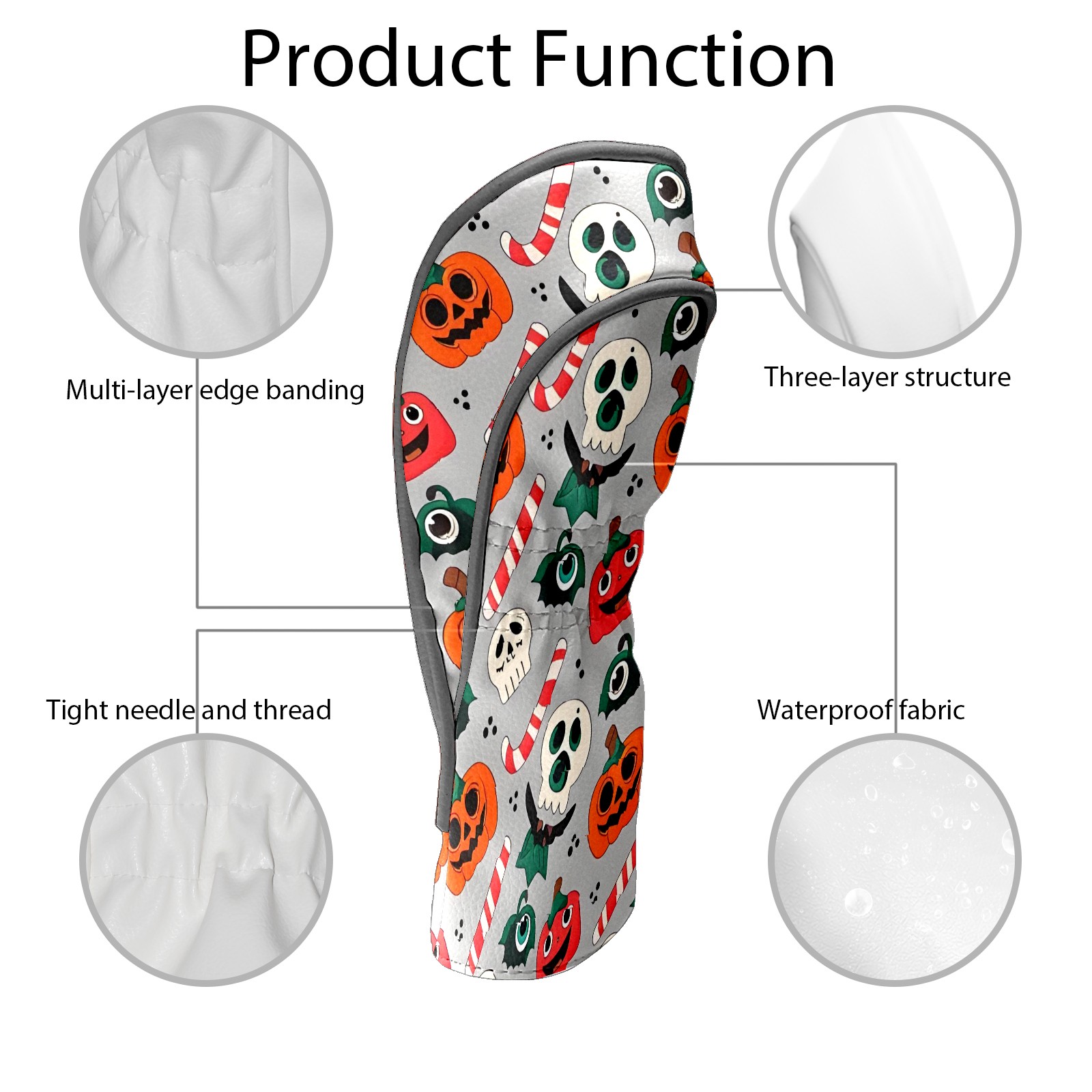 Golf Club Covers, Gray PumpkinSkull Premium PU Leather Driver Hybrid Putter Head Covers with Velvet Lining, Waterproof Golf Gifts for Men Women