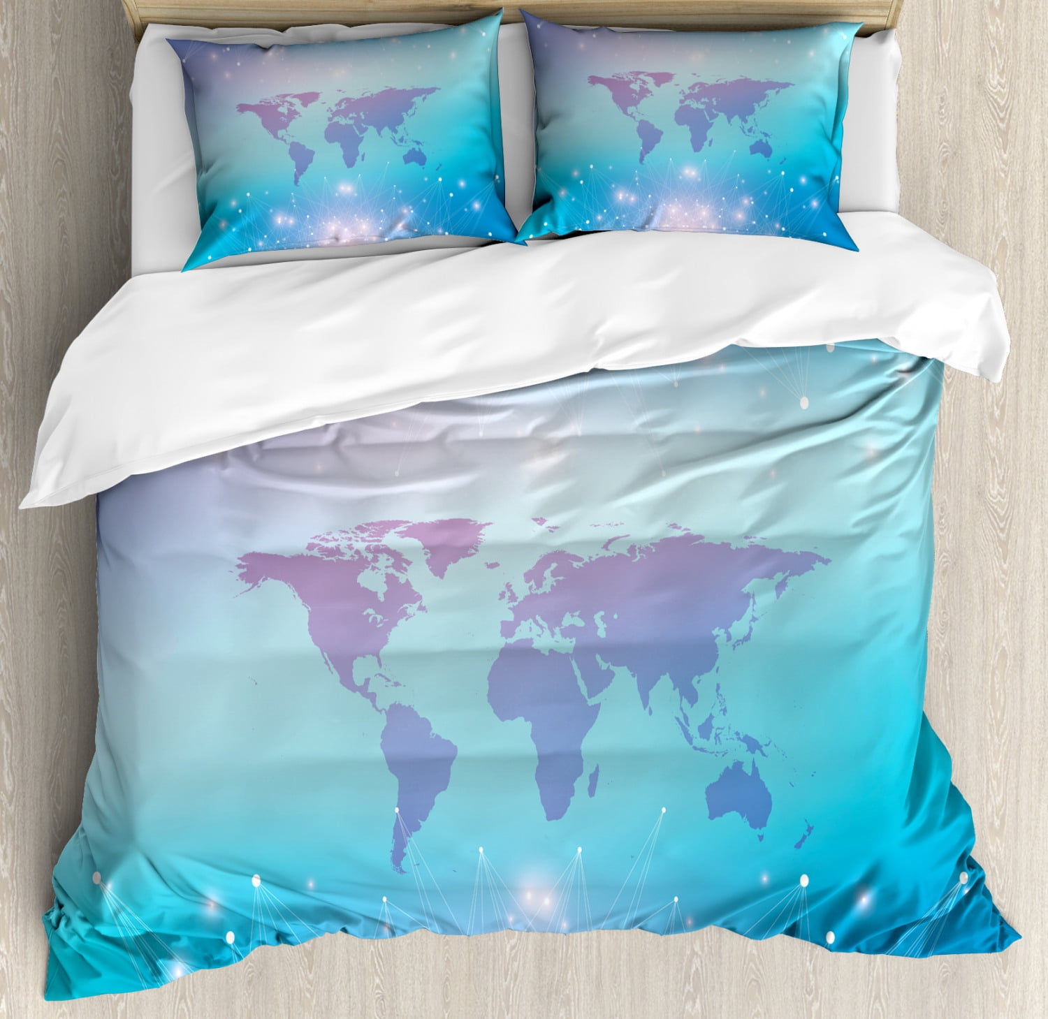 World Map Duvet Cover Set King Size, Bokeh Style Dots with Futuristic ...