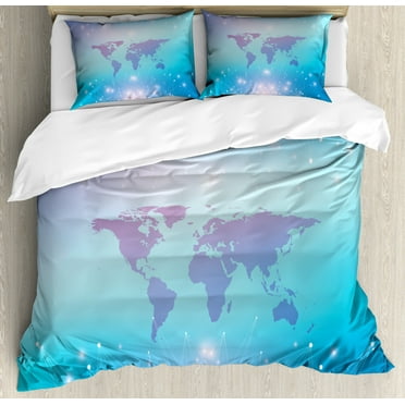 World Map Duvet Cover Set Queen Size, Bokeh Style Dots with Futuristic Global Connection Theme Modern, Decorative 3 Piece Bedding Set with 2 Pillow Shams, Pale Blue Lavender and White, by Ambesonne