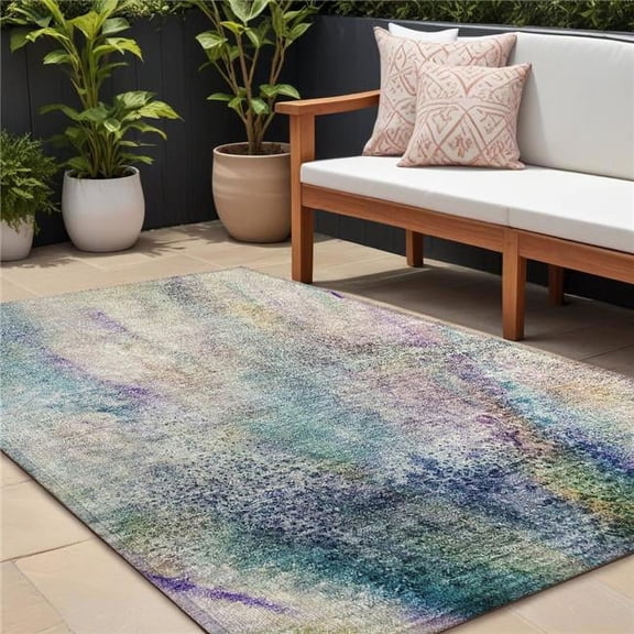 HomeRoots 559566 9 x 12 ft. Beige Blue & Gray Abstract Washable Non Skid Indoor Outdoor Rectangle Machine Woven Area Rug