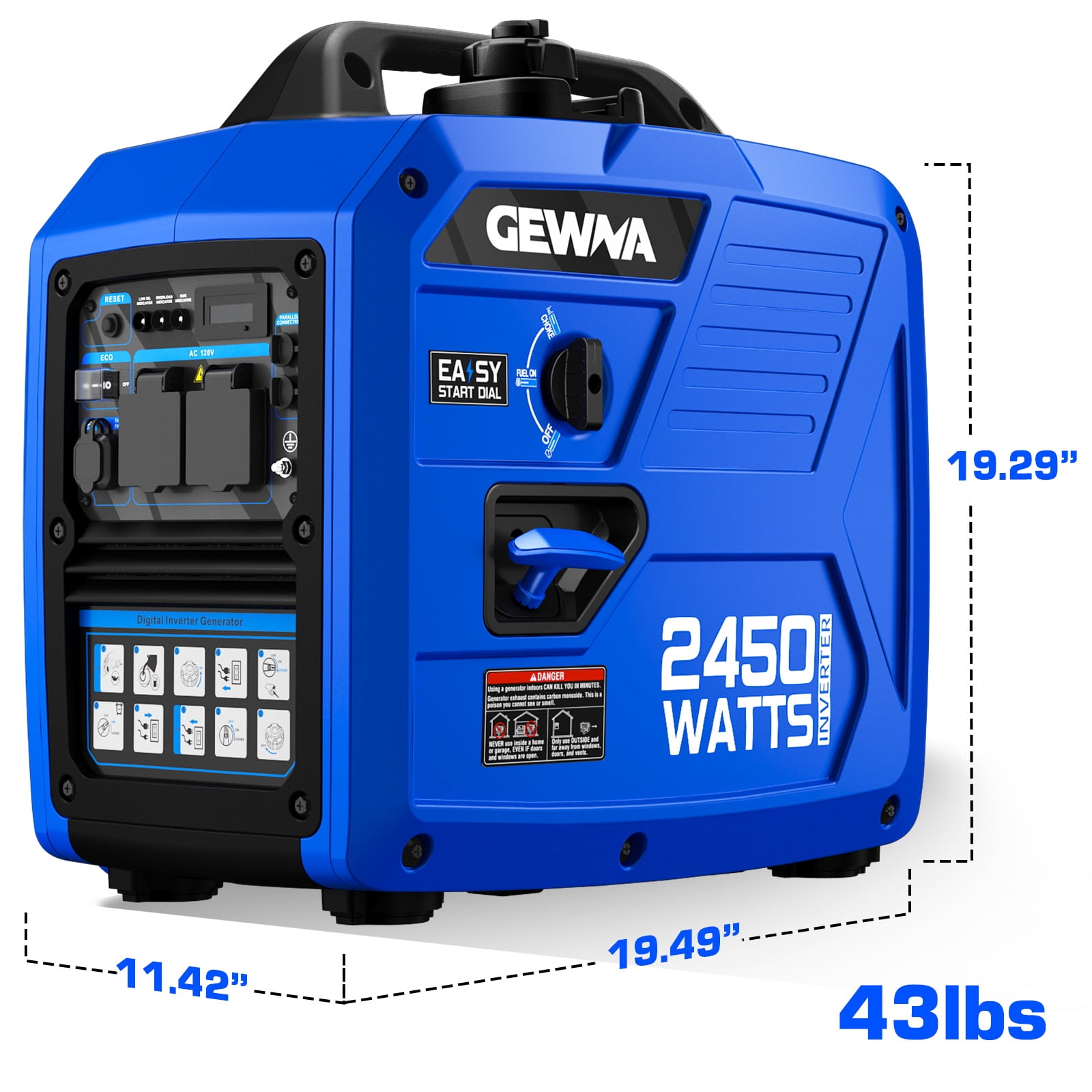 2450-Watt 120V Gas Powered Portable Fuel Inverter Generator Included 1.6 Gallon Large Fuel Tank Super Quiet