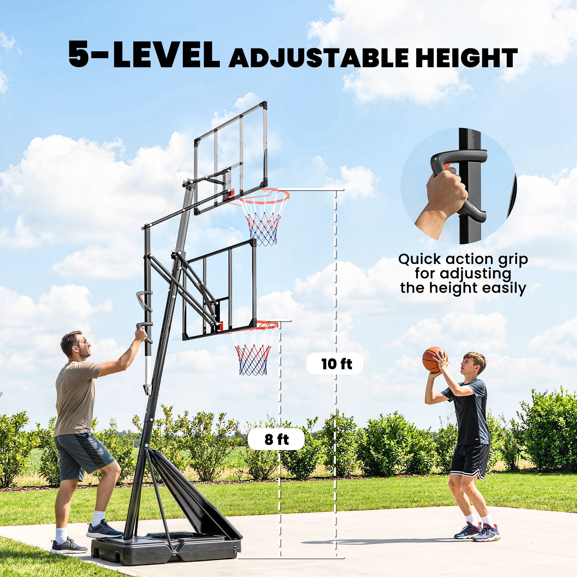 Soozier Basketball Hoop Outdoor Portable, 8-10ft Adjustable Basketball Goal, 47 Inch Shatterproof Backboard w/Shock Absorbent Rim, Action Grip