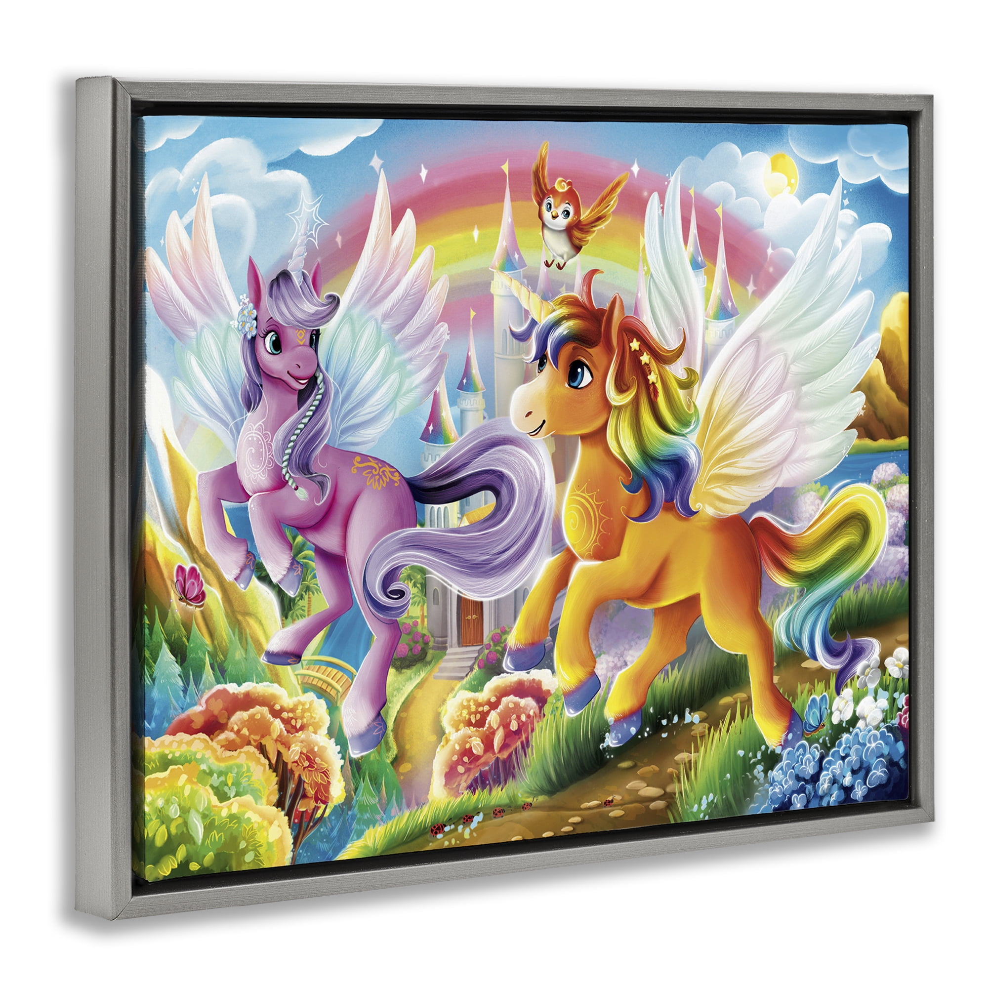 Stupell Industries Fluttering Unicorns & Rainbow Fantasy & Sci-Fi Painting Gray Floater Framed Canvas Art Print Wall Art, 21 x 17