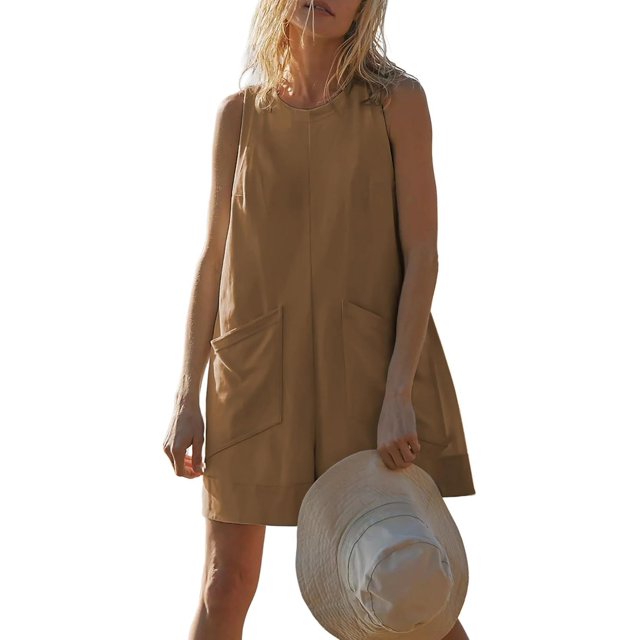 UNRDSSR Combinaison en Lin pour Femmes Été Décontractée T-Shirt Combinaison Col Rond Jambes Larges Shorts Amples avec Poches