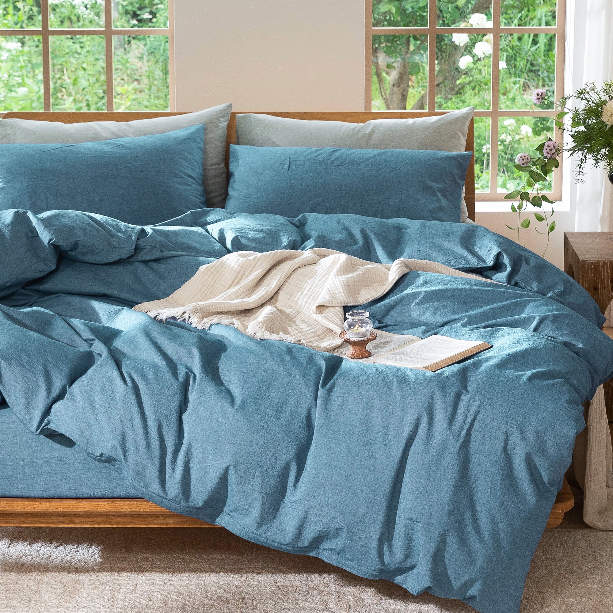 MooMee Duvet Cover Set Full 100% Washed Cotton Linen Like Textured Breathable Lightweight 3-Piece (Peacock Blue, 80"x90")