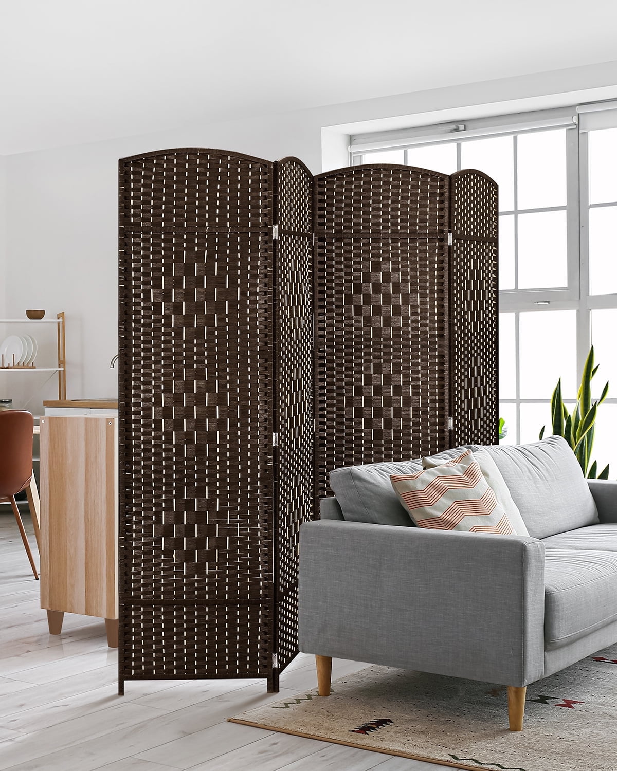 Jostyle 6ft Tall Room Divider with Hand-Woven Design, 4-Panel Folding Privacy Screen Freestanding Mocha