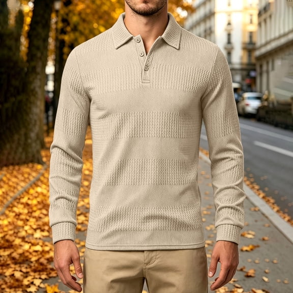 Aimik Polo Shirts for Men Long Sleeve Ribbed Texture Button Down Solid Casual Shirts Fall Winter Soft Stretch Collared Tops,Brown,S