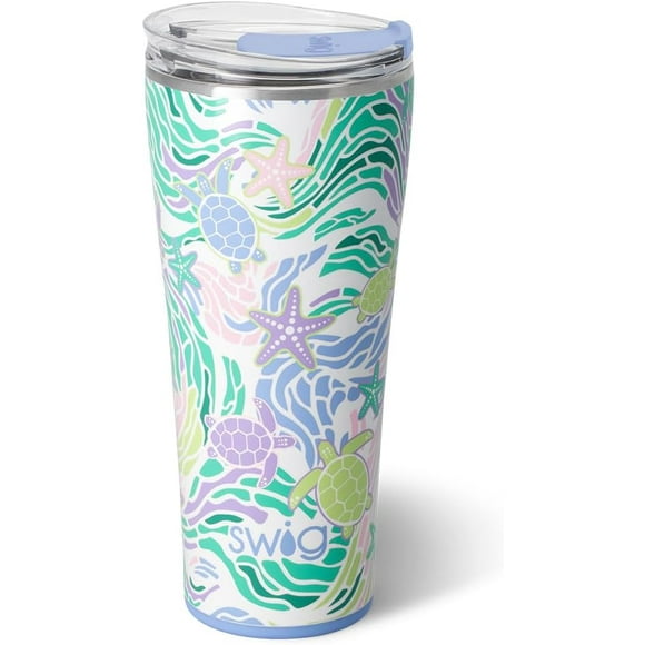 Swig Life 32oz Insulated Tumbler, Travel Coffee Tumbler with Lid, Cup Holder Friendly Travel Coffee Mug, Stainless Steel, 32 oz, Reusable Insulated Mug with Lid (Sea Swirl)