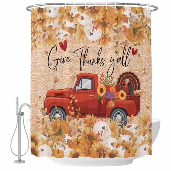 Red Truck Fall Shower Curtain, Waterproof Shower Curtains for Bathroom, Thanksgiving Botanical Pumpkins Leaves Washable Fabric Bathtub Curtain Set Bath Decor with 12 Hooks 72"x78"