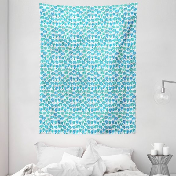 Elephant Tapestry, Style Pattern with Repeating Spots and Animals, Wall Hanging for Bedroom Living Room Dorm Decor, 60W X 80L Inches, Azure Blue Sea Blue Dark Seafoam, by Ambesonne