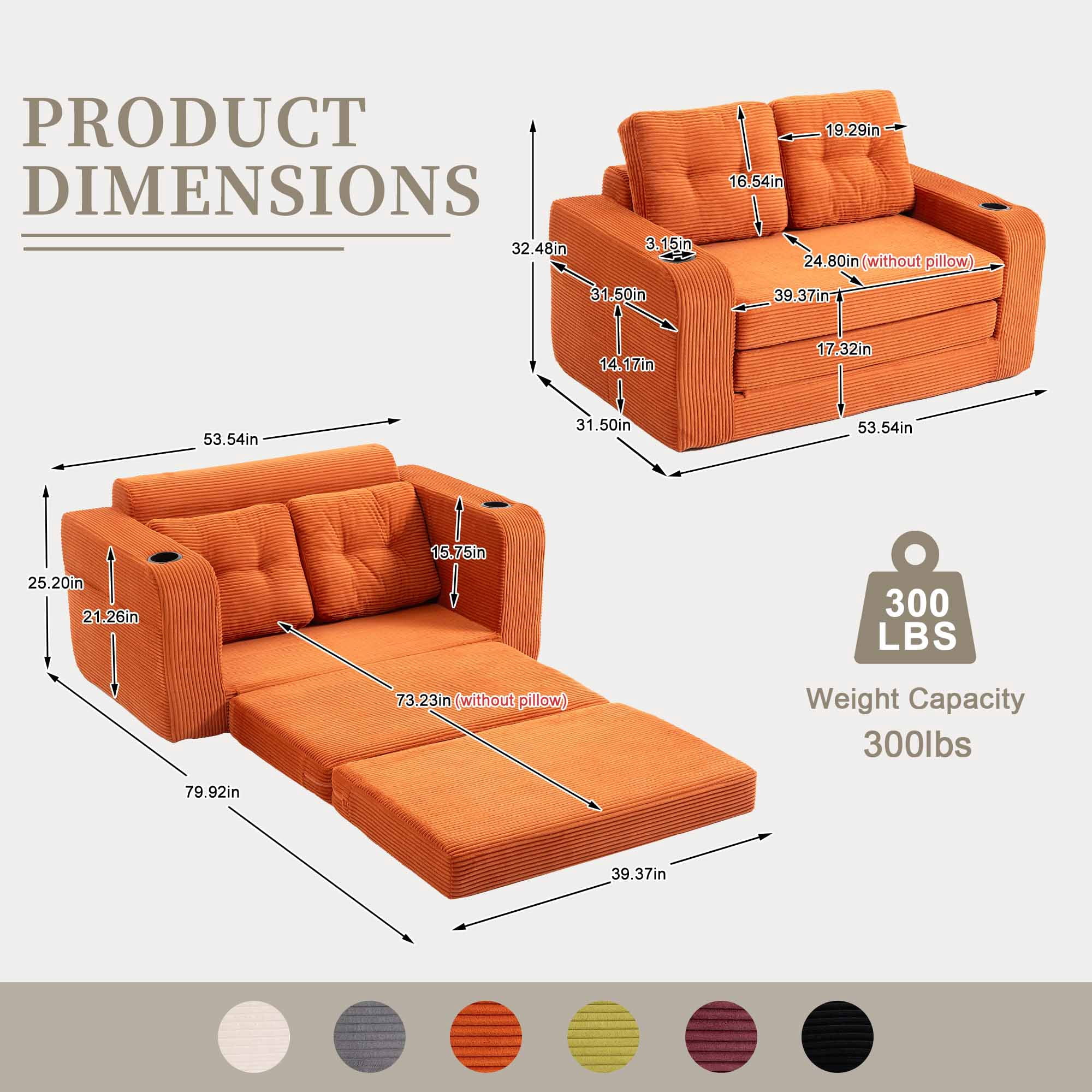 Lunale 54" Convertible Sofa Bed, Small Boneless Cloud Couch with Cup Holders, No Assembly Required, Corduroy Floor Sleeper Sofa, Orange