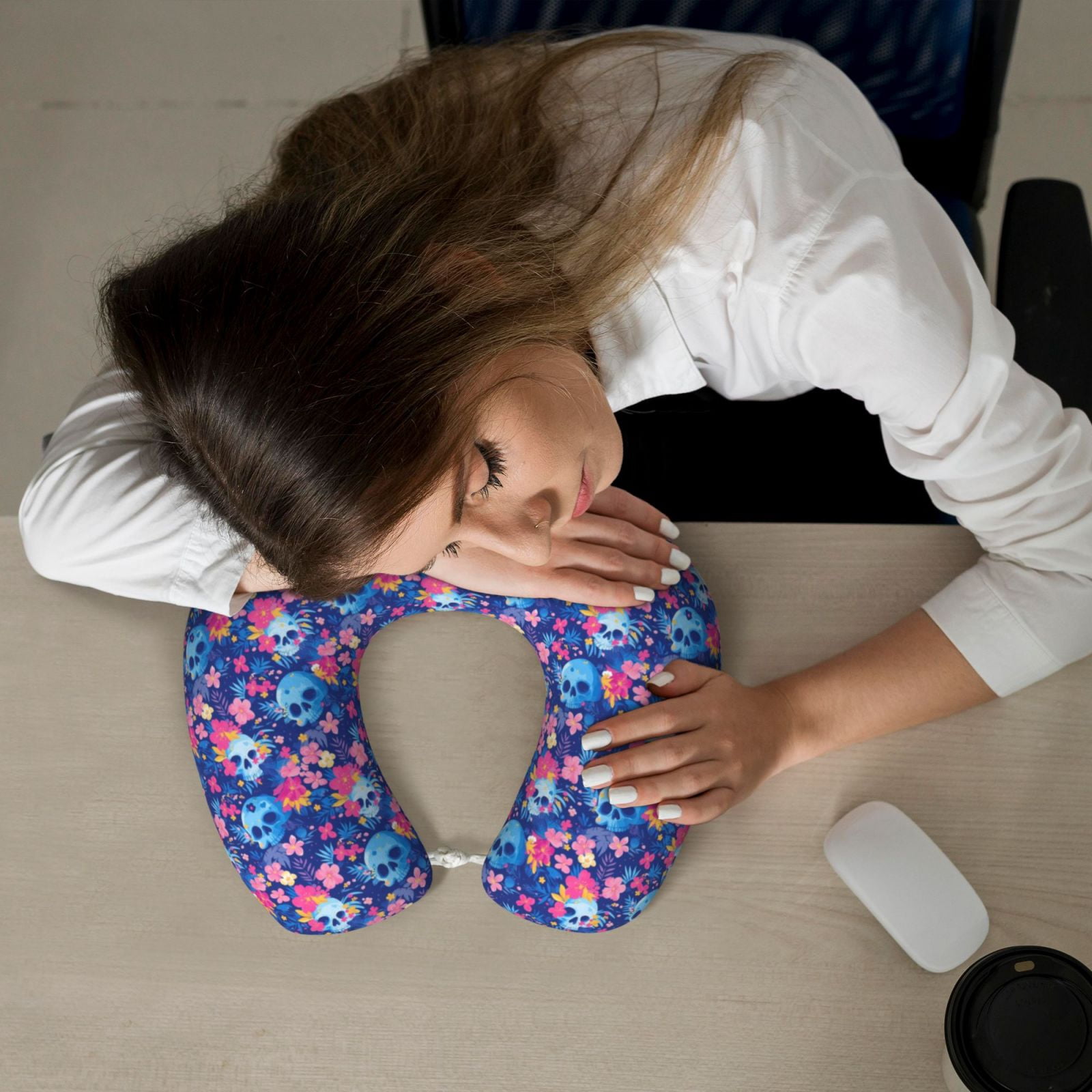 Xecao Blue Skull Flower Print Memory Foam Cervical Neck Pillow Versatile U-Shaped Pillows for Home,Office,Camping,Travelling,Soft Washable Cover