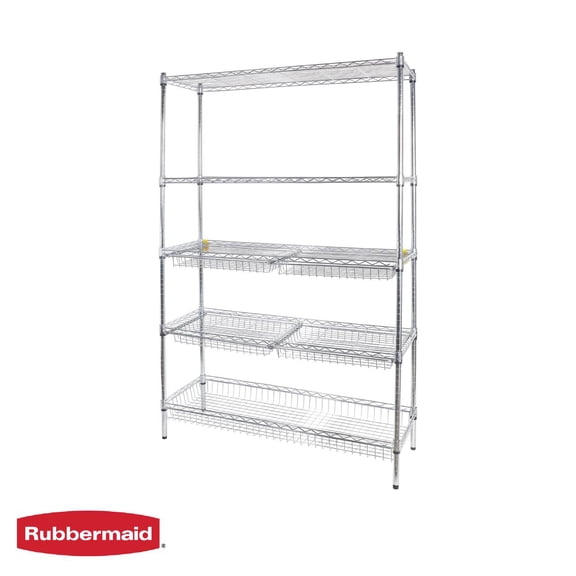 Open Box Rubbermaid 5-Tier Deluxe Heavy Duty Chrome Wire Shelving Unit with Drawers & Basket, 1520lb Capacity
