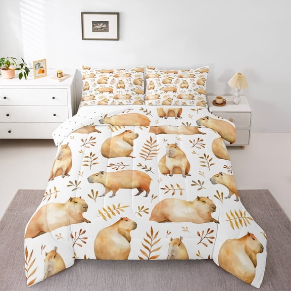 Castle Fairy Animal Capybara 3 Pieces Queen Comforter Set for Preppy Children,Tree Leaves Ultra Soft Bedding Sets,Cartoon Wildlife Bedding Comforter Set Breathable,Microfiber Bedroom Decor