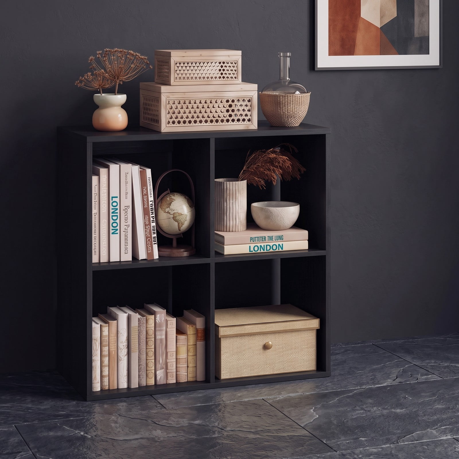 Furnibear 4 Cube Bookshelf, Wood Cube Storage Organizer Bookcase with Back Guardrail and Anti-Tip Kit for Living Room Bedroom Home Office, Black