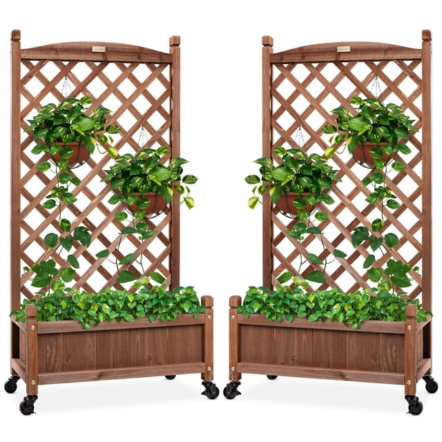 Juego de jardineras de madera y enrejado de diamante, 48 pulgadas, color nogal