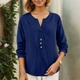 thumbnail image 2 of VNKIDY Women Shirts Summer Solid Color Lightweight Loose Fit Blouse Long Sleeve V Neck Shirt With Button Details For Everyday Wear Trendy Tops, 2 of 5