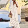 thumbnail image 2 of Women's Deep V-Neck Bell Sleeve Maxi Dress - Embroidered & Crochet Trim Beach Cover-Up Summer 2025,Size M, 2 of 6