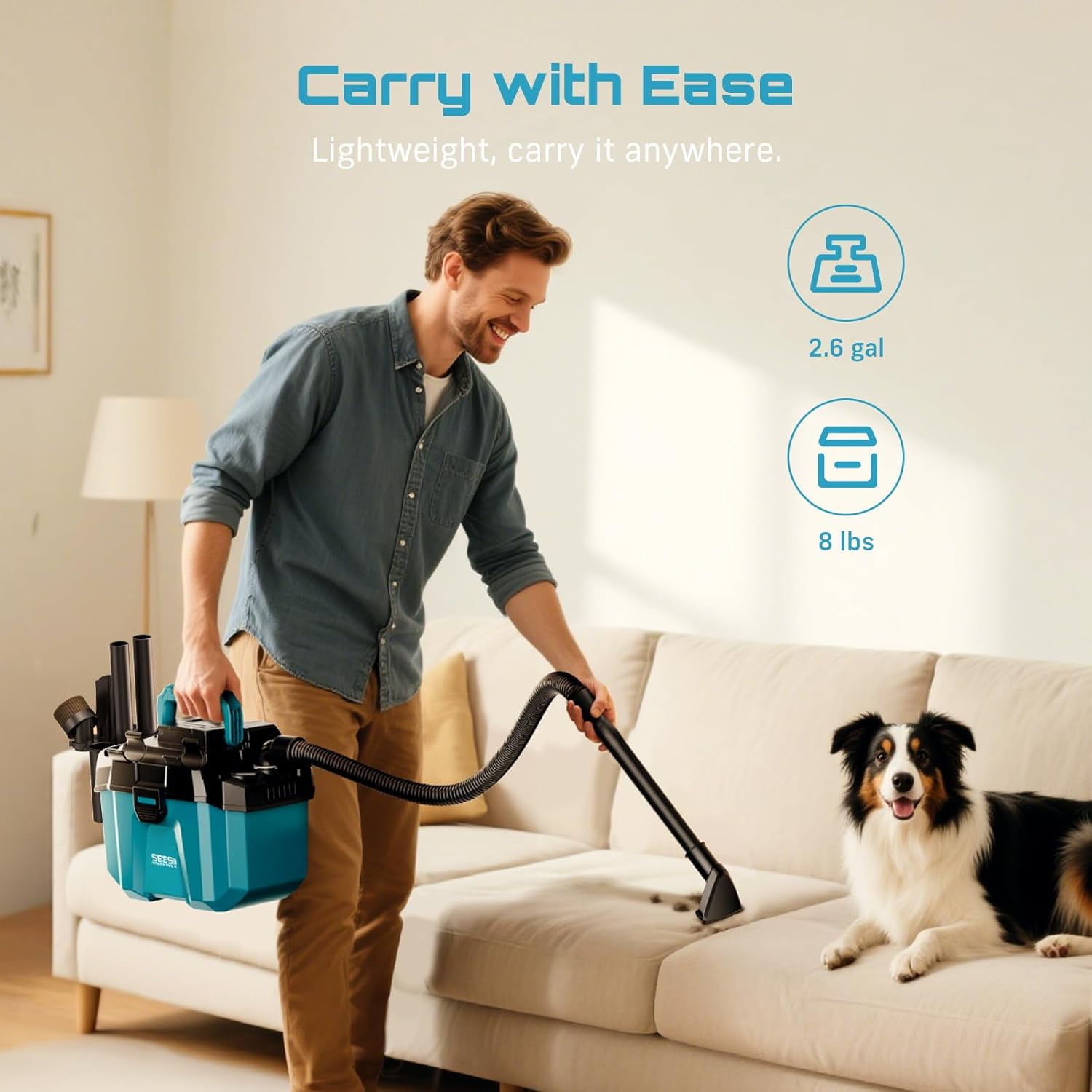 Seesii Cordless Shop Vac Wet and Dry, 2.6 Gallon Small Shop Vac with Accessory Storage Holder, 2 x 4.0Ah Batteries, 3-in-1 Wet Dry Vacuum with HEPA Filter, Strap, Ideal for Garage, Car, Workshop