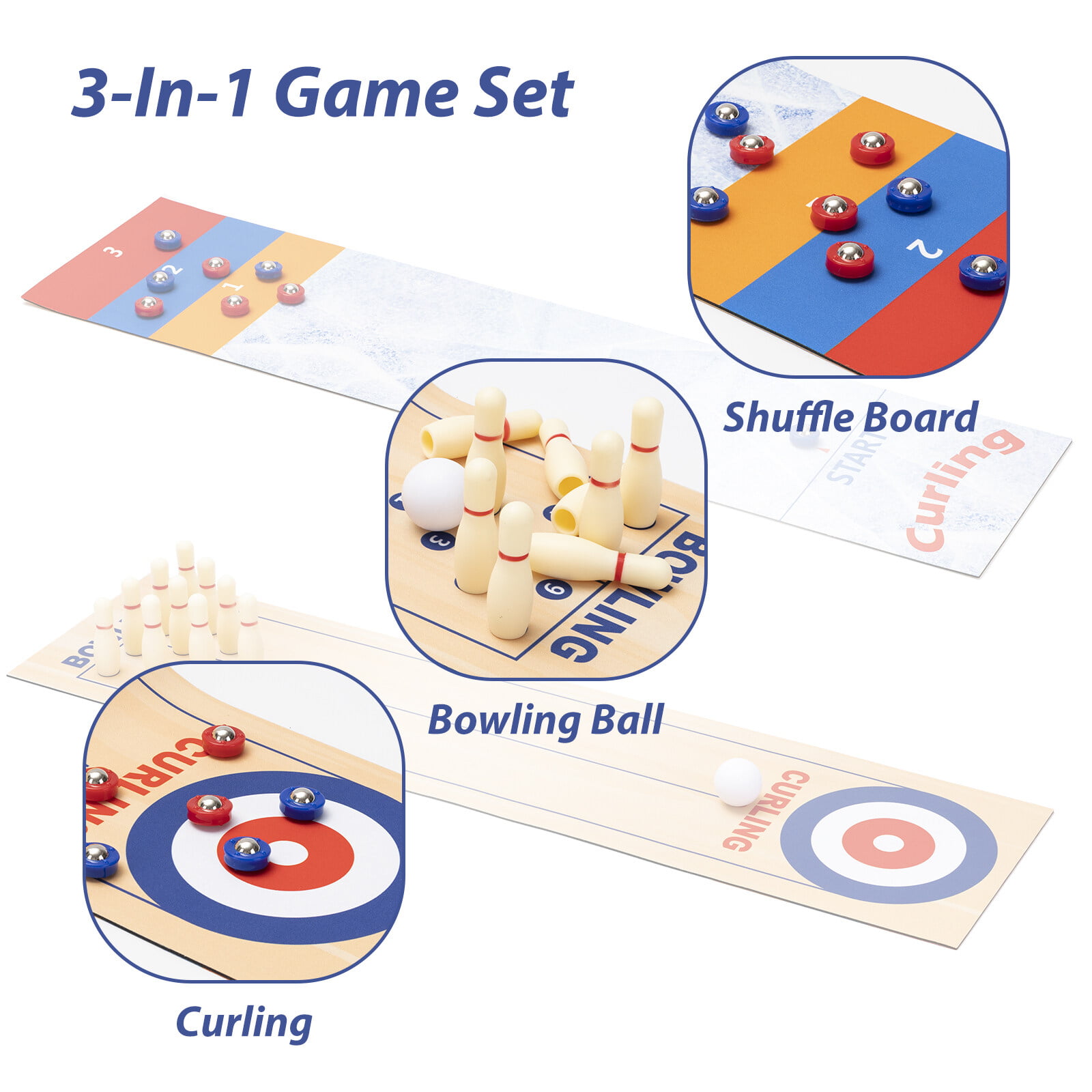 GOTHINK 3-in-1 Table Bowling Game - Mini Curling, Shuffleboard and Bowling  Set Perfect for Family Fun and Parties - Portable Mini Tabletop Games for