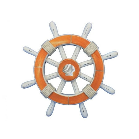 Rustic Orange And White Decorative Ship Wheel With Seashell 12