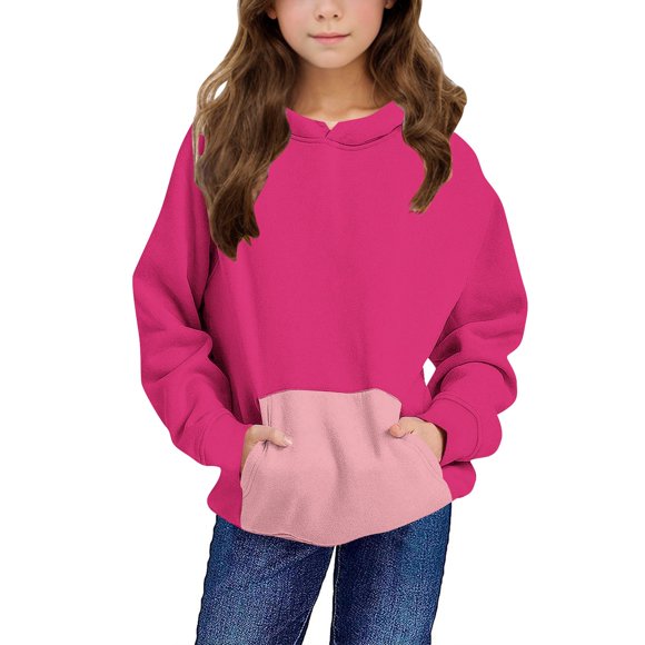 Milgrthf Tween Girls Color Block Hoodies Sweatshirts Stripes Color Block Casual Long Sleeve Fall Pullover Blouses Hot Pink 11 Years