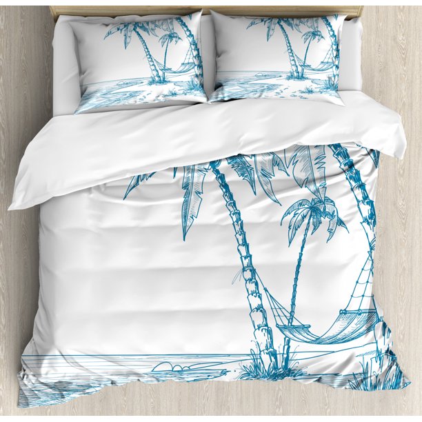 Beach Duvet Cover Set, Modern Illustration of a Tropical Beach with Palm Trees and Hammock