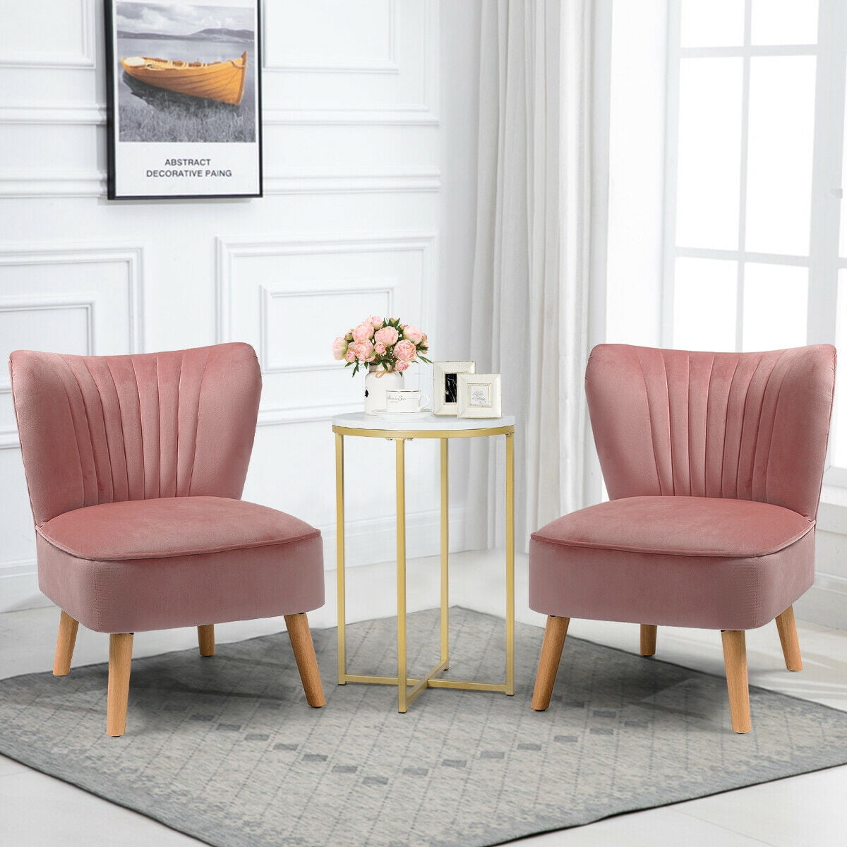 Gymax 2PCS Accent Leisure Chair Single Sofa Armless w/ Wood Legs Pink