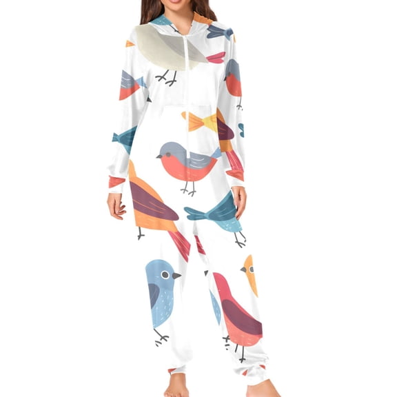 Little Colorful Birds Cartoon Adult's Hoodie Onesie Jumpsuit One-Piece Pajamas with Zipper Unisex for Holiday S