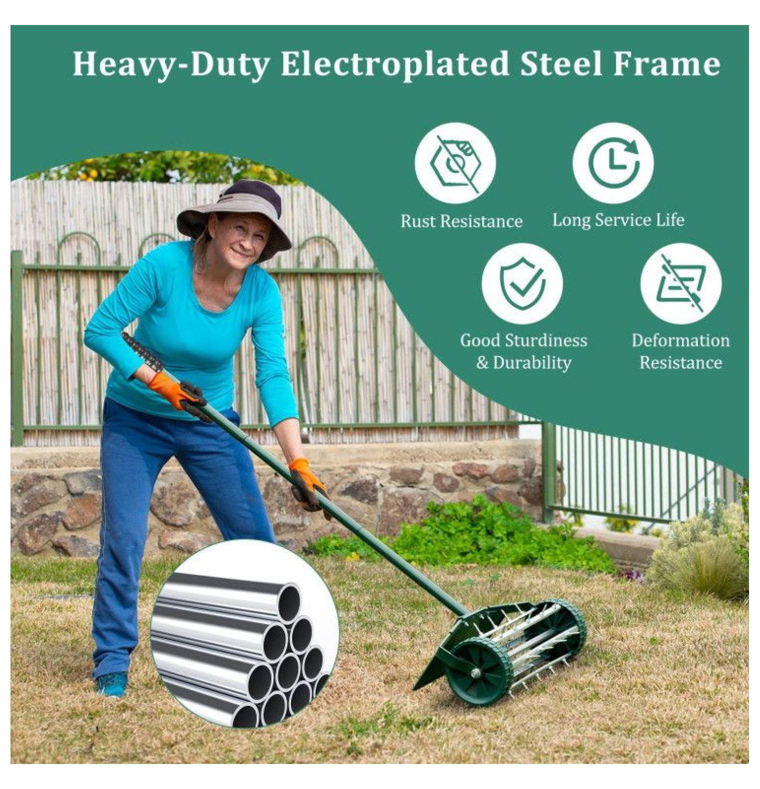 Rolling Lawn Aerator 18 Inch - Garden Soil Aerator with Splash Guard - Lightweight Steel Aerator Tool for Water & Nutrient Absorption - Lawn Care