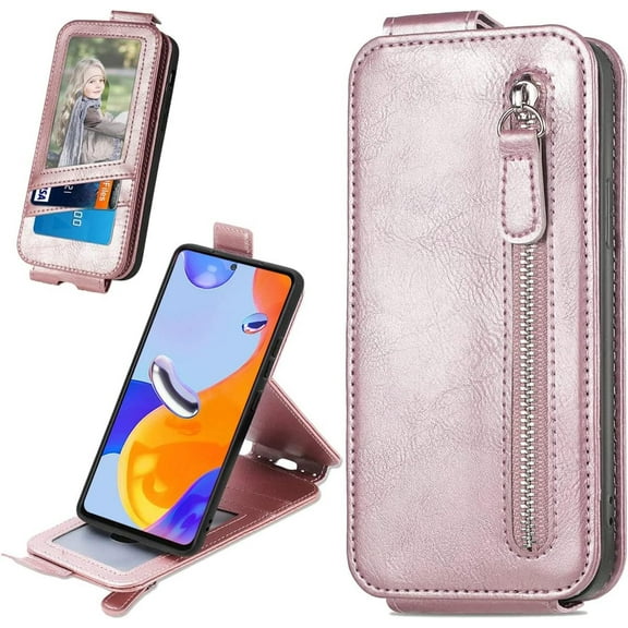 Zipper Wallet Case for Xiaomi Redmi Note 11 Pro with Card Holder Slot, PU Leather Adjustable Kickstand Flip Handbag Phone Cover for Xiaomi Redmi Note 11 Pro/Redmi Note 11E Pro SDLL Rose Gold