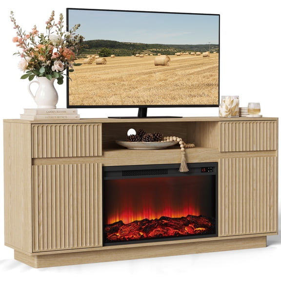 SESSLIFE Fireplace TV Stand for 70 Inch TV, 31'' Tall Mid Century Modern Fluted TV Stand with 30'' Electric Fireplace Heater, Entertainment Center with 2 Cabinets & Drawers , Natural Oak