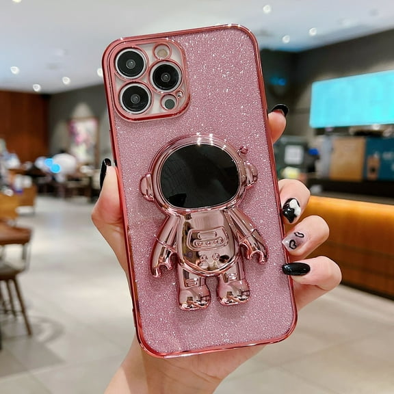 For Apple iPhone 14 Pro Max Shockproof Luxury Glitter Bling Plating TPU Astronaut Stand Case Cover