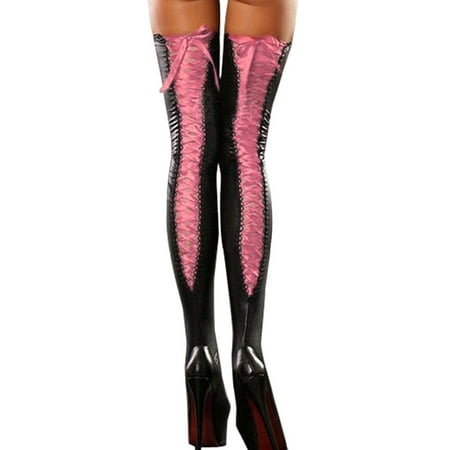 

Sexy Club Women Comfortable Thigh-high Stockings Leather Lace Bow Long Socks