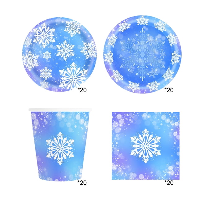 Set de fiesta de copos de nieve navideños morados y azules, vasos de papel desechables de seda, decoración para fiestas