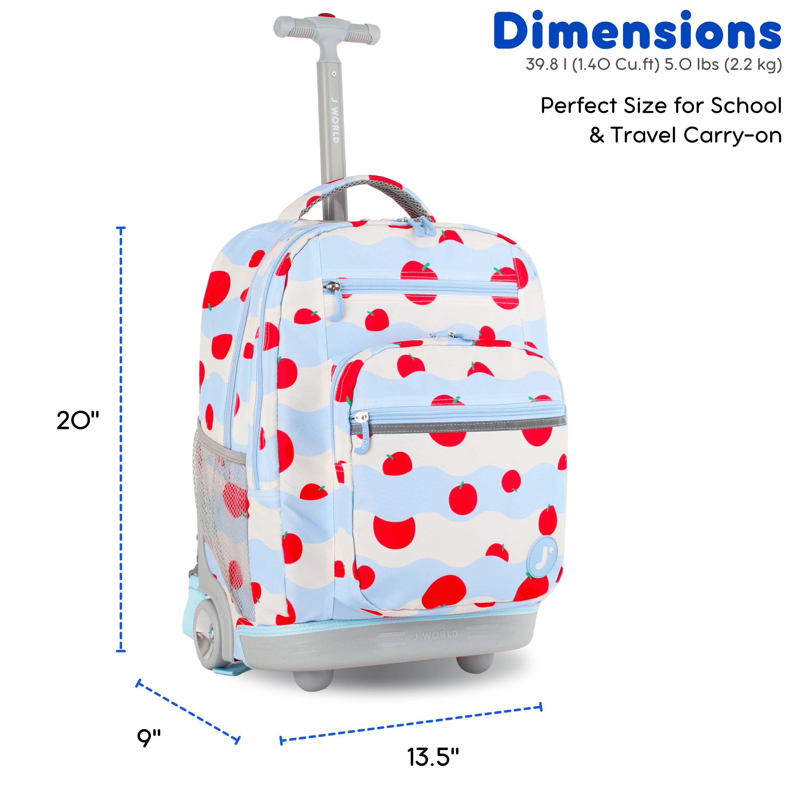 J World Unisex Sundance 20" Rolling Backpack With Laptop Sleeve For School And Travel, Floating Apple