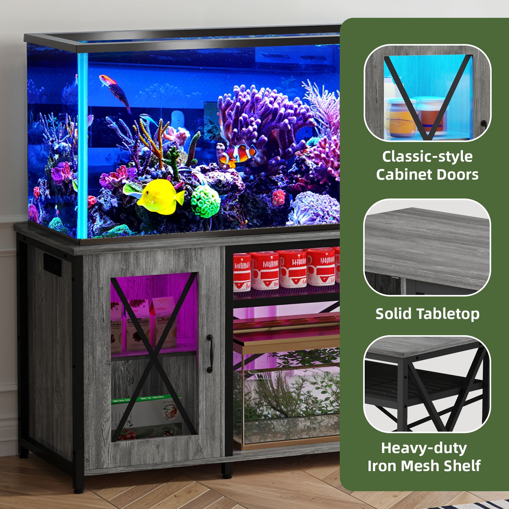Uforic 55-75 Gallon Fish Tank Stand/Aquarium Stand with LED Lights and Power Outlets - Gray